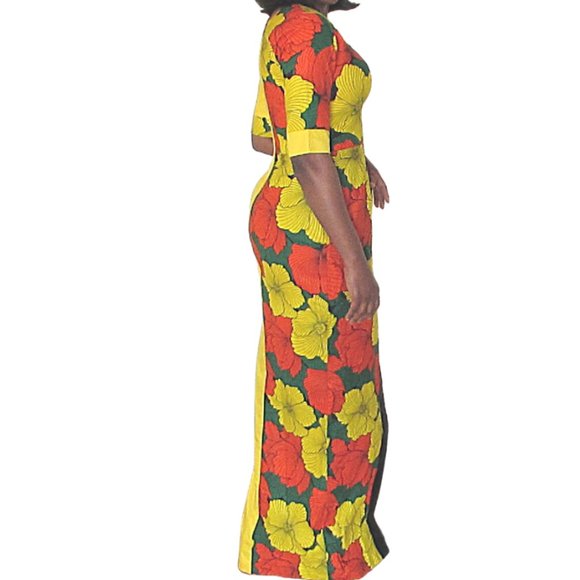 Yellow three quarter sleeve plain & print maxi - Picture 3 of 3